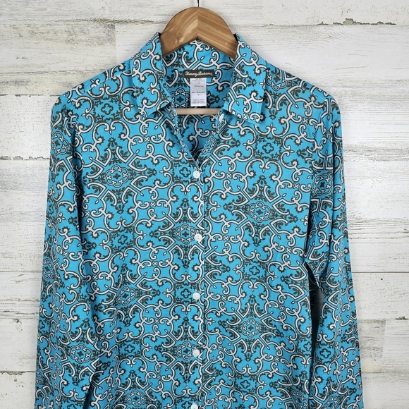 Tommy Bahama Turquoise Cotton Button Up Shirt Blue Boho Coastal Resortwear M - Picture 8 of 16